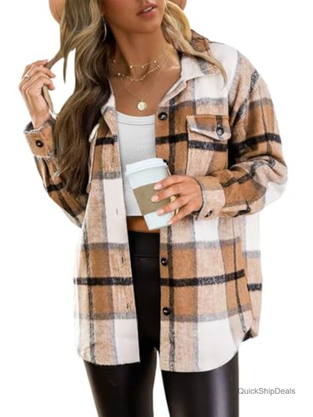 Women's Plaid Flannel Shacket with Button Cuffs, Collared Neck, Midweight,